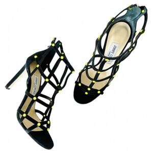 NEW JIMMY CHOO Black Neon Yellow Studded Tina Caged Heel Stiletto Sandals 40 10